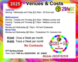 Venues and times for the Zumba Gold classes in Monte Vista, Parow