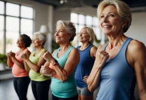 Group fitness classes for the active adults from 30 to 70.. Male and female